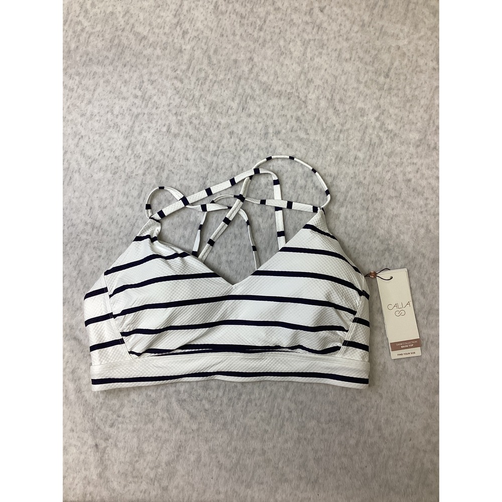 CALIA Strappy Back Ruched Bikini Top XL White Blue Stripe Mesh WSA23223PRTM